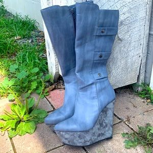 Blue/grey mid calf platform wedge boots